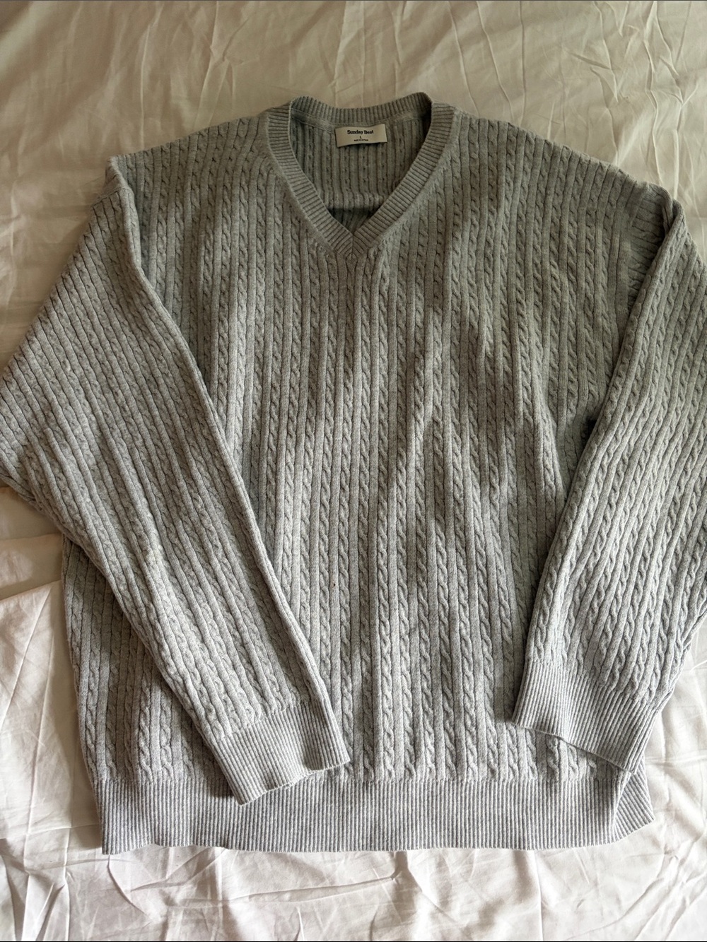 Sunday Best Men’s Light Gray Cable V-Neck Sweater